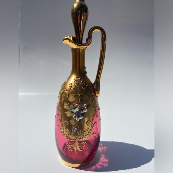 Cranberry Bohemian Glass Cruet, Gilded, Hand-painted, enameled appliques - Picture 1 of 13
